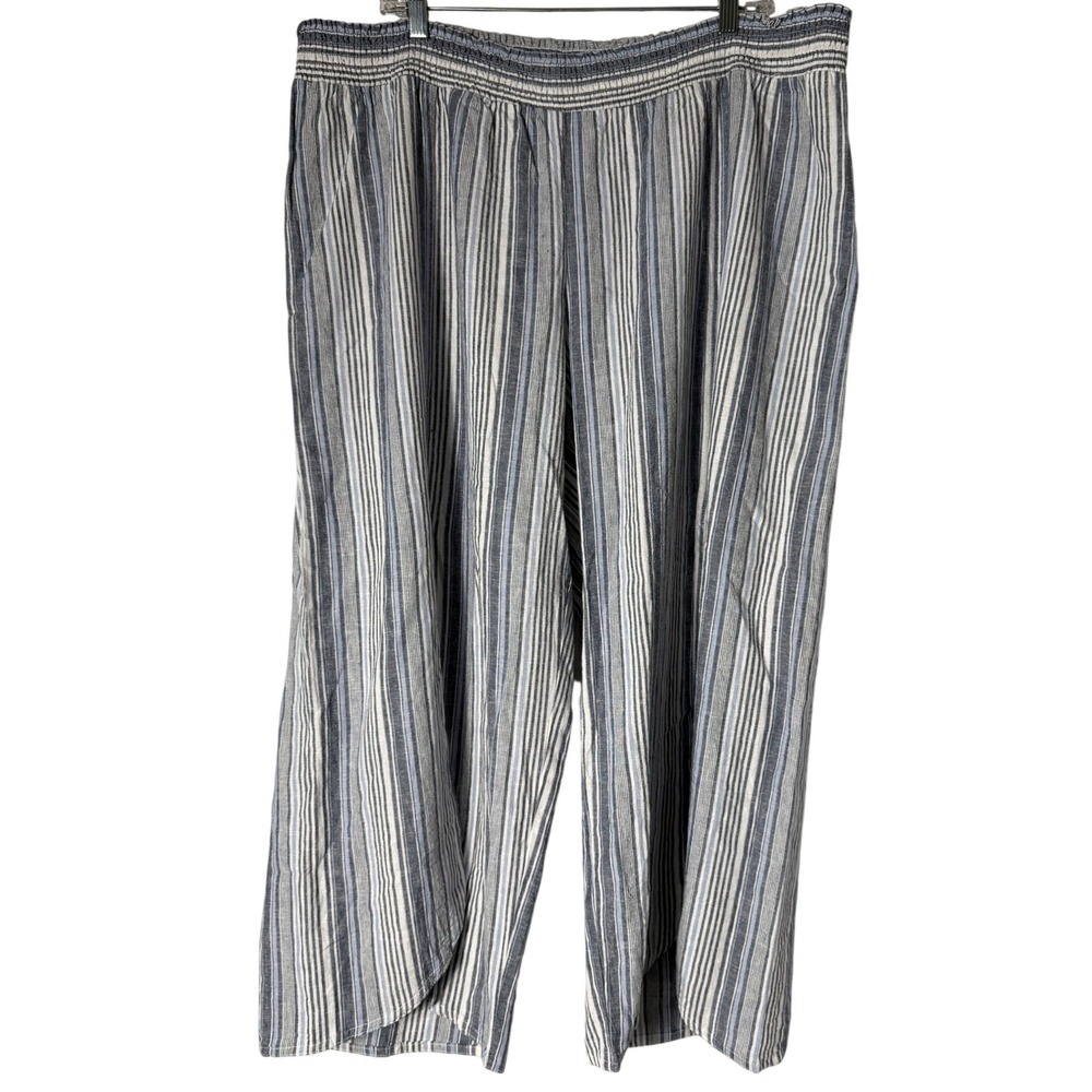 Avenue Striped Linen Blend Pants Sz 22/24 Blue‎ White Tulip Hem Wide Leg Coastal